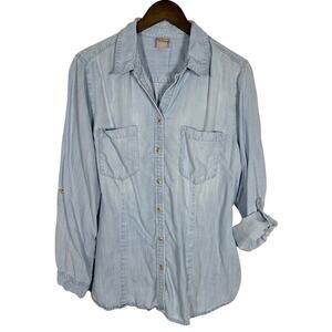 Chico's Tencel Long‎ Sleeve Button Up Top Light Blue 2 Sz L Closet Essential